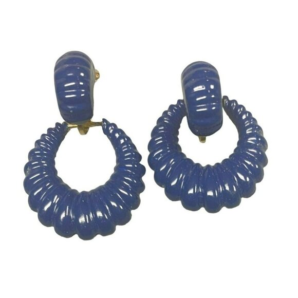 Vintage 80s Retro Royal Blue Enamel Gold tone Clip-On Hoop Earrings - Picture 1 of 5